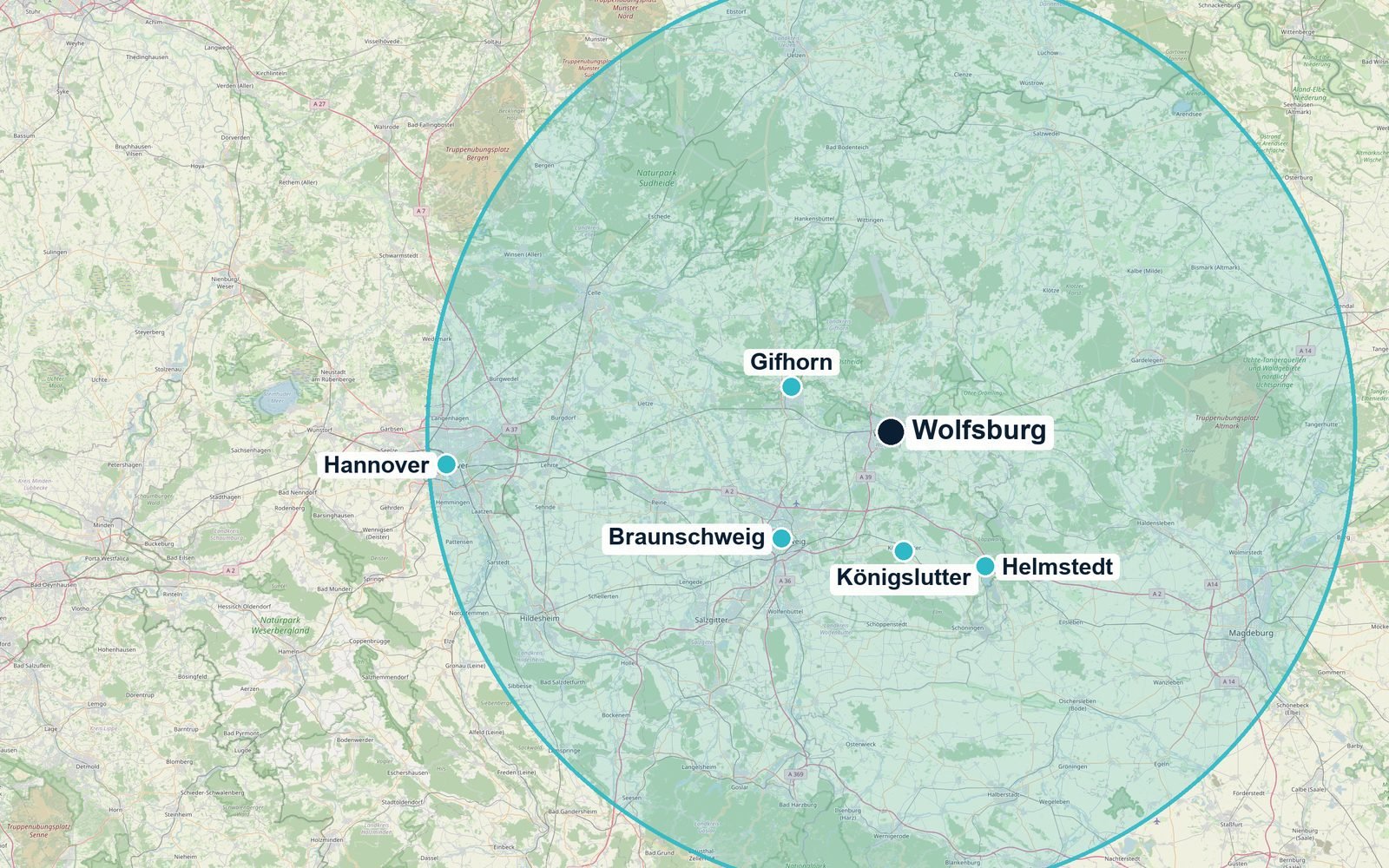 Karte der Region: Wolfsburg in der Mitte, ein Umkreis von rund 40 Kilometern umschließt Gifhorn, Braunschweig, Königslutter und Helmstedt. Hannover liegt westlich davon.