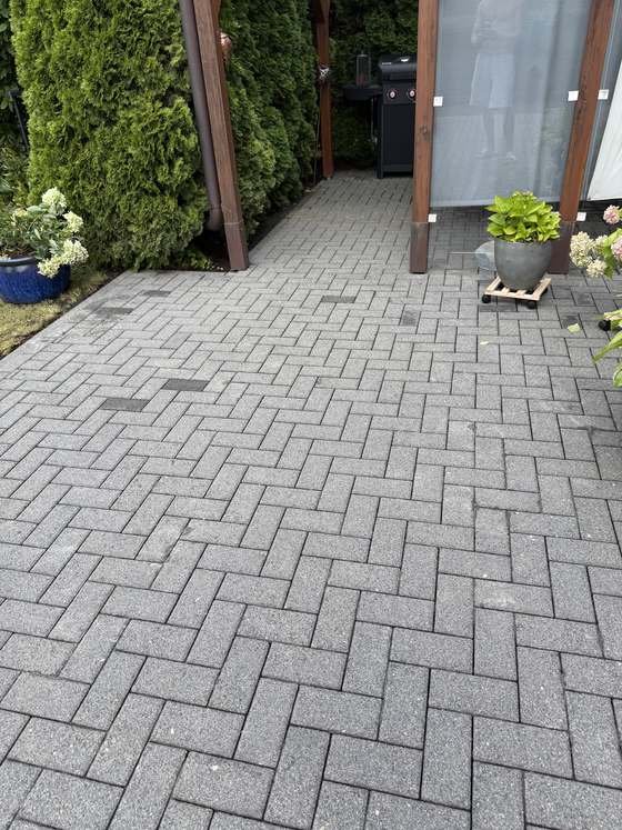 Derselbe Hof nach der Reinigung, das Pflaster wieder hell bis unter die Pergola