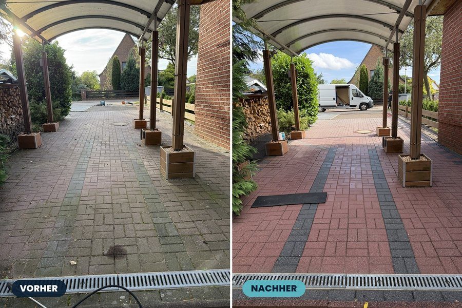 Vorher-Nachher: Weg unter dem Vordach, links grau, rechts gereinigt