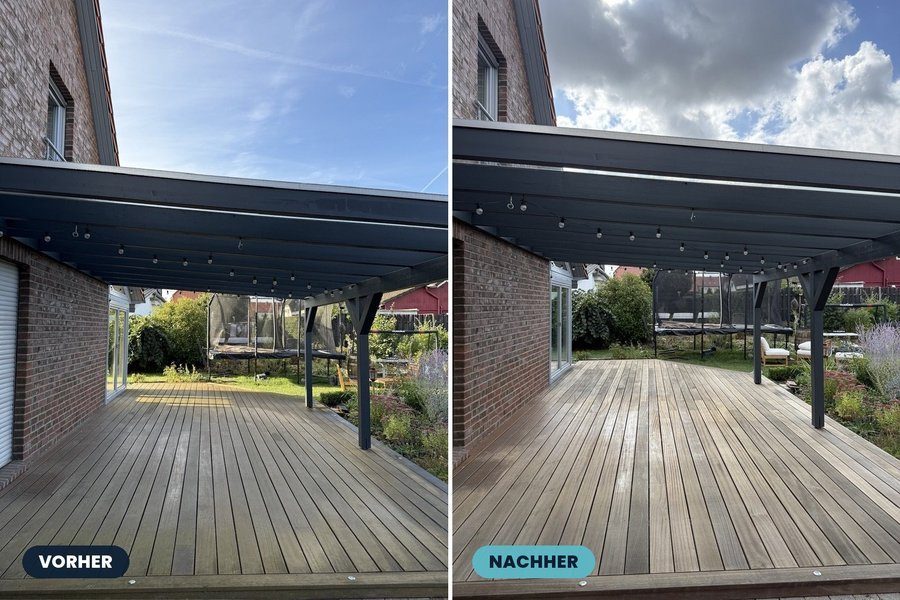 Vorher-Nachher: Holzterrasse, links vergraut, rechts wieder in Holzfarbe