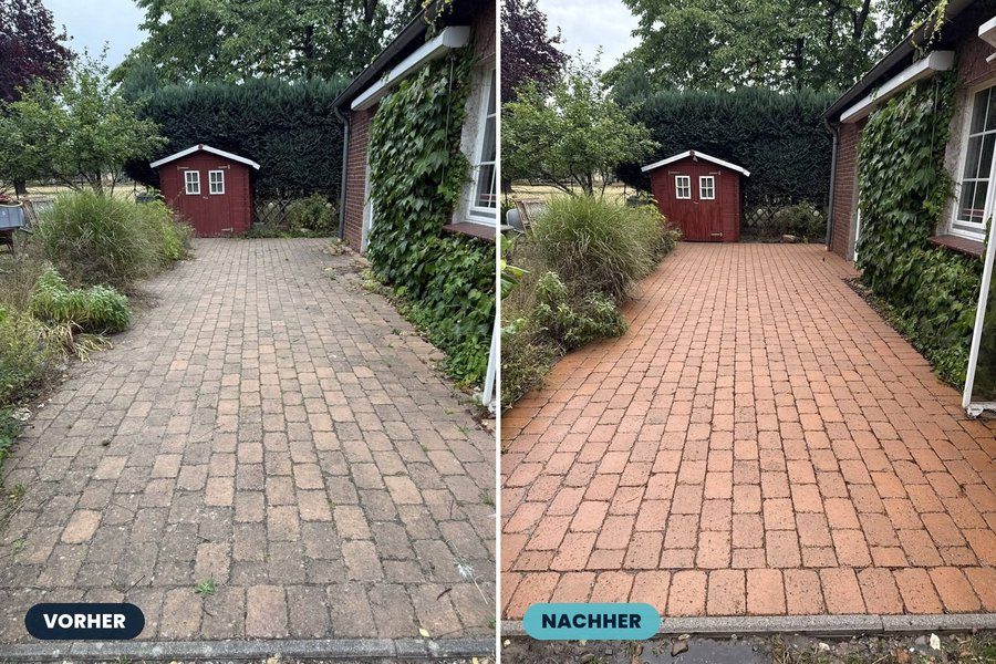 Vorher-Nachher: Weg zum Gartenhaus, links vergrünt, rechts gereinigt