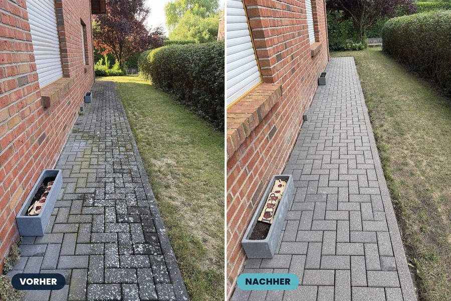 Vorher-Nachher: Gehweg am Haus, links vermoost, rechts sauber