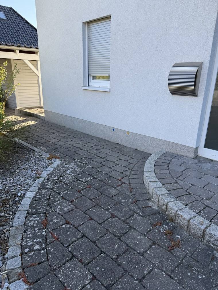 Pflaster an der Hauswand vor der Reinigung, dunkel verfärbt, der helle Bordsteinbogen kaum abgesetzt