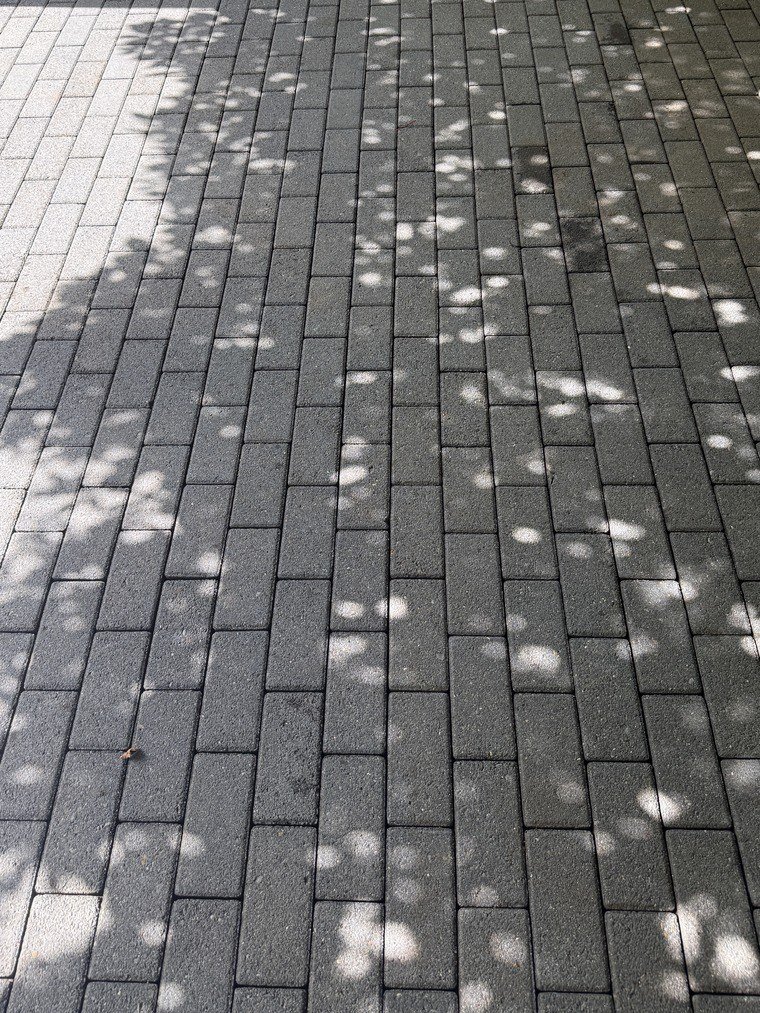 Dieselbe Terrasse nach der Reinigung, die Steine wieder gleichmäßig dunkelgrau und die Fugen frei