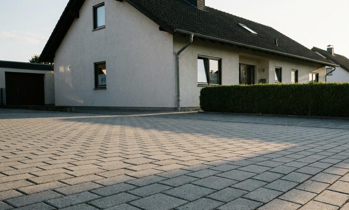Gepflasterte Einfahrt vor einem Einfamilienhaus, Steine gleichmäßig hell und die Fugen frei von Bewuchs
