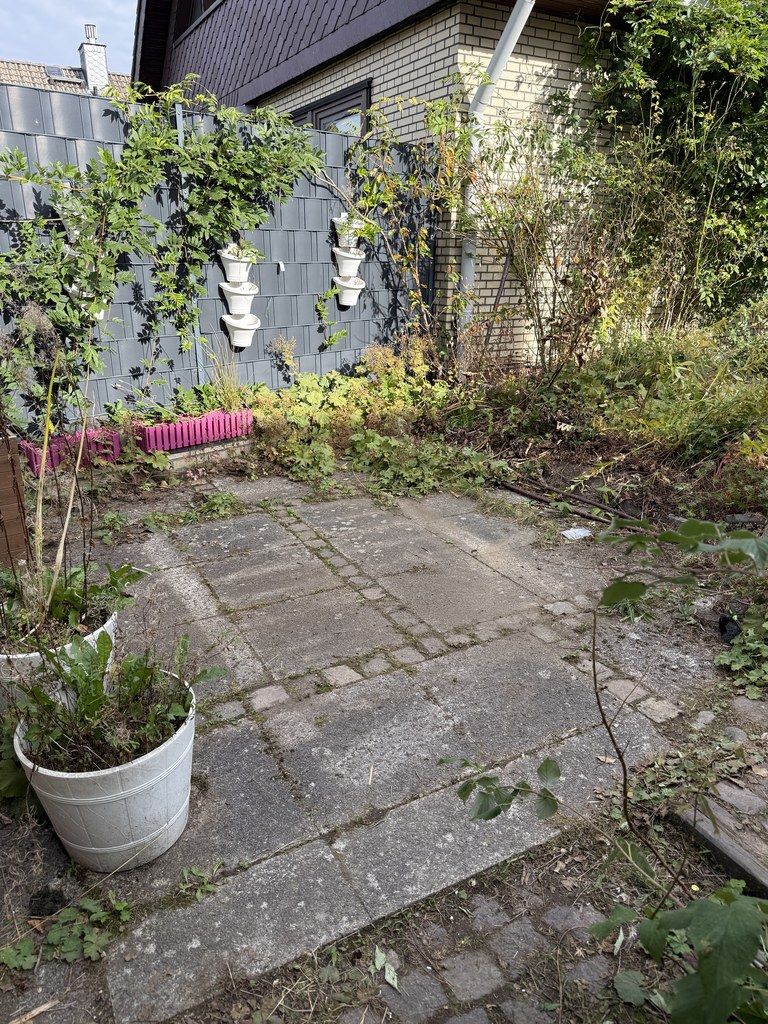 Sitzplatz vor der Arbeit, die Platten dunkel verfärbt und von Bewuchs überwachsen